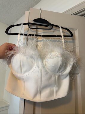 Feather Trim Bustier Crop Top - White